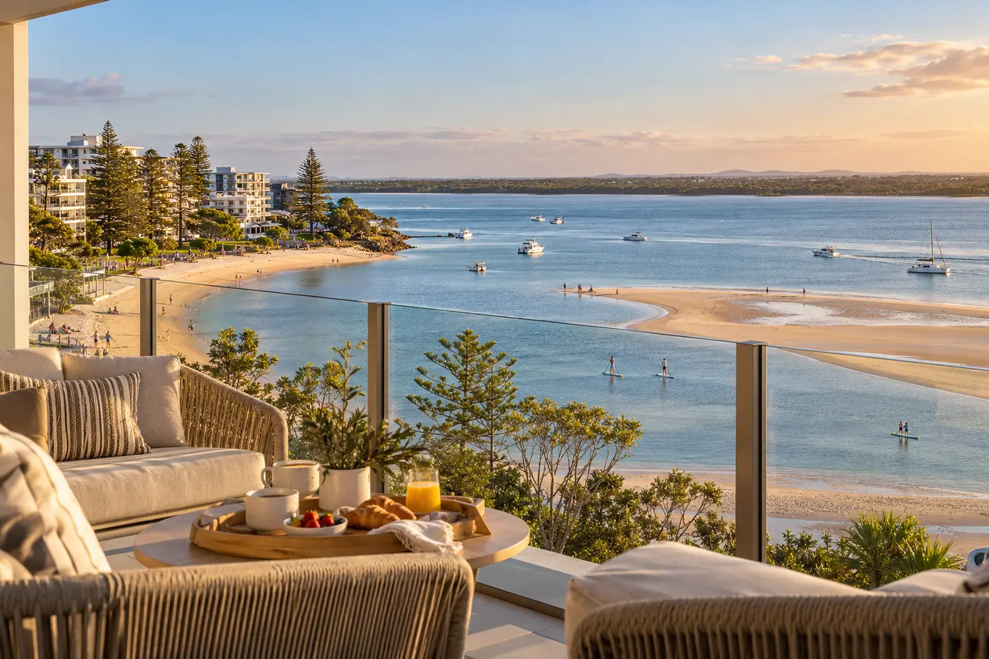 Holiday apartment view over Bulcock Beach and Pumicestone Passage
