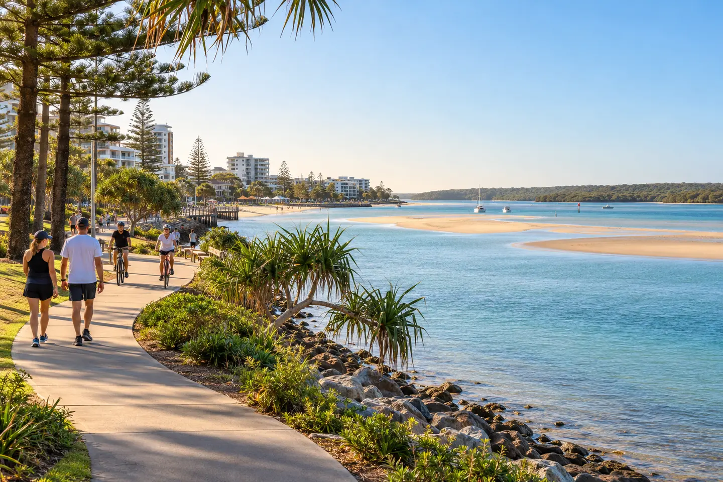 Caloundra Coastal Walk beside the calm water of Pumicestone Passage