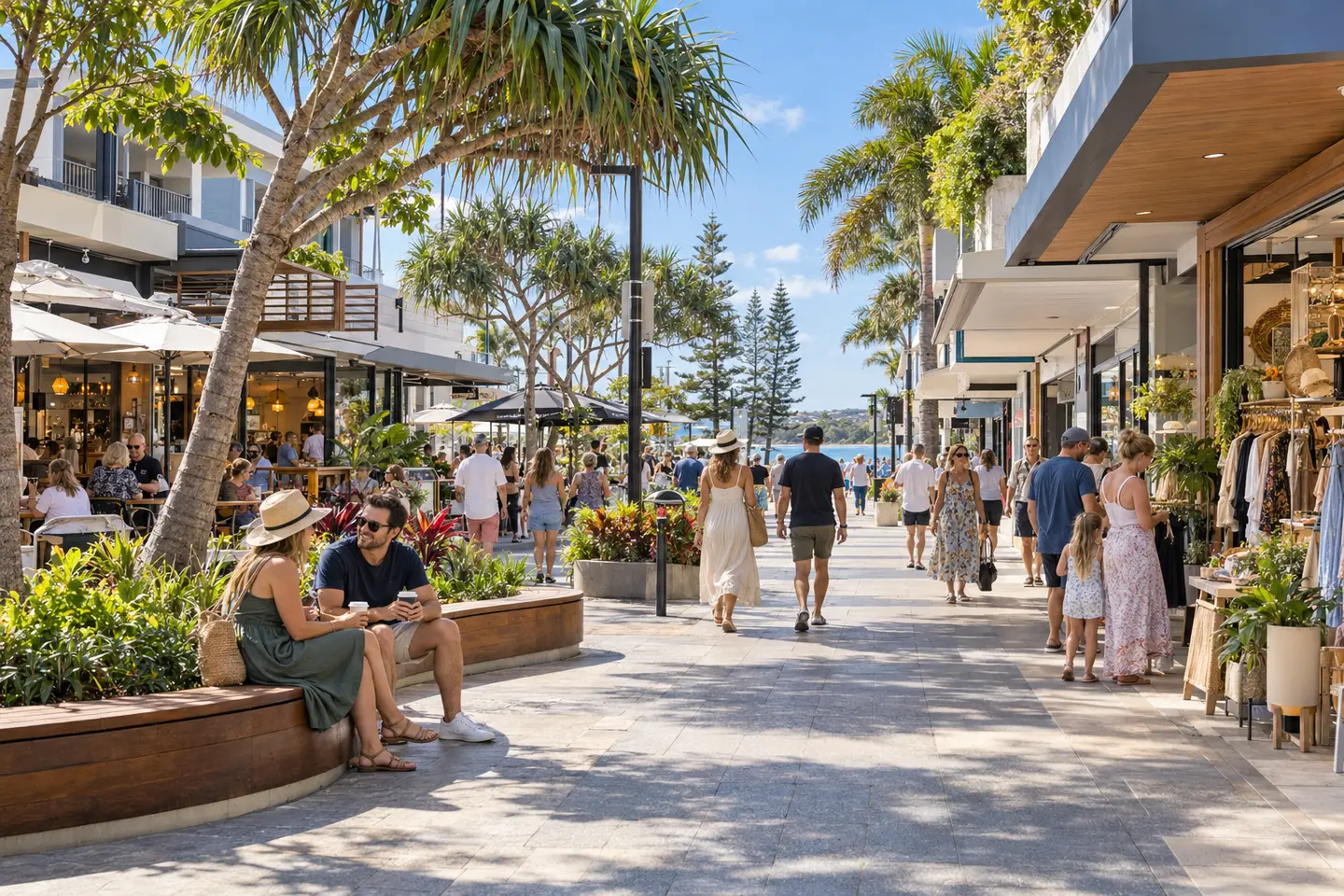Boutiques, cafés and shoppers in central Caloundra